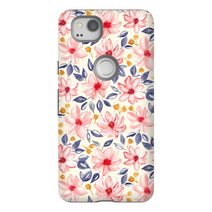 Pixel 2 StrongFit Navy, Gold & Pink Watercolor Floral - Cream  by Tigatiga
