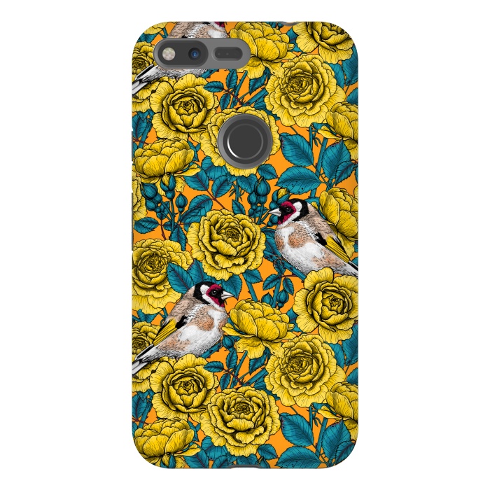 Pixel XL StrongFit Rose flowers and goldfinch birds by Katerina Kirilova