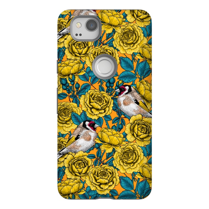 Pixel 2 StrongFit Rose flowers and goldfinch birds by Katerina Kirilova