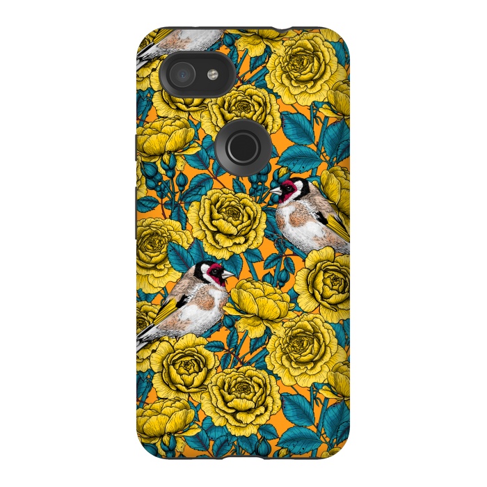Pixel 3AXL StrongFit Rose flowers and goldfinch birds by Katerina Kirilova