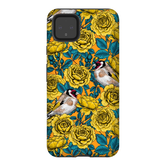 Pixel 4XL StrongFit Rose flowers and goldfinch birds by Katerina Kirilova