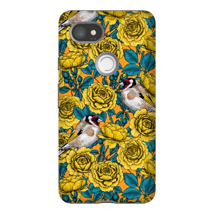 Pixel 2XL StrongFit Rose flowers and goldfinch birds by Katerina Kirilova