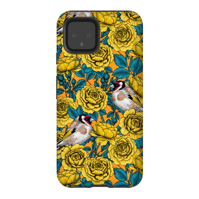 Pixel 4 StrongFit Rose flowers and goldfinch birds by Katerina Kirilova