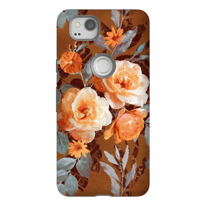 Pixel 2 StrongFit Chintz Roses on Rust Brown by Micklyn Le Feuvre