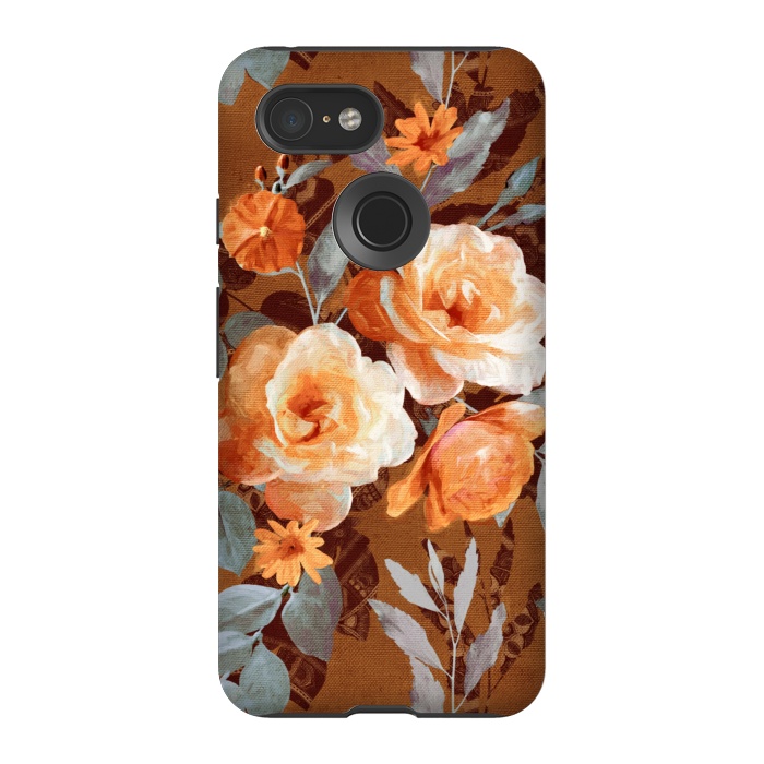 Pixel 3 StrongFit Chintz Roses on Rust Brown by Micklyn Le Feuvre