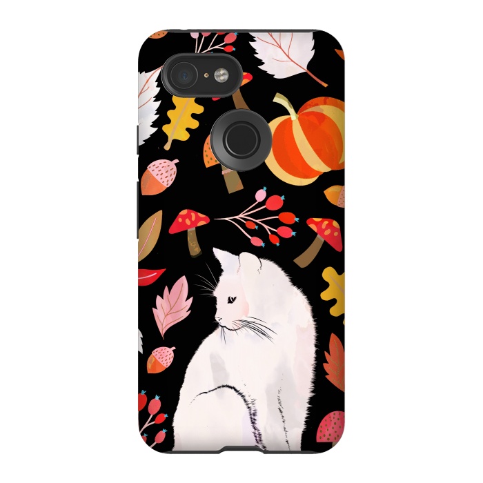 Pixel 3 StrongFit Autumn nature pattern with white cat by Oana 
