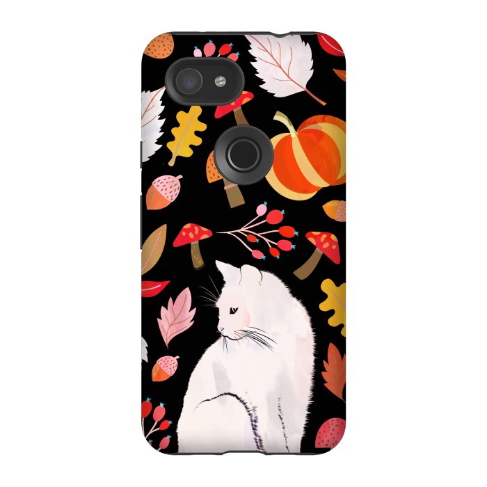 Pixel 3A StrongFit Autumn nature pattern with white cat by Oana 