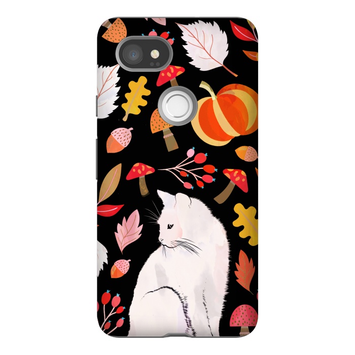 Pixel 2XL StrongFit Autumn nature pattern with white cat by Oana 