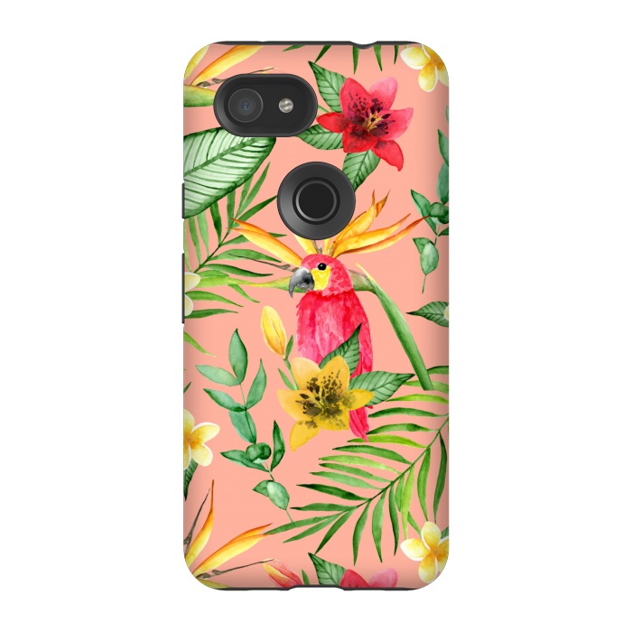 Pixel 3A StrongFit Red parrot and tropical leaves by Julia Badeeva