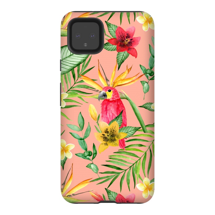 Pixel 4XL StrongFit Red parrot and tropical leaves by Julia Badeeva