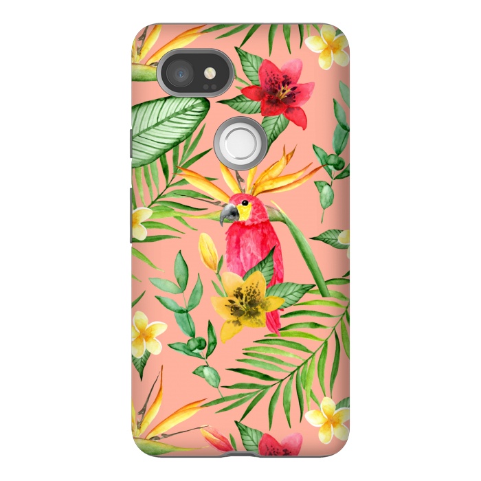 Pixel 2XL StrongFit Red parrot and tropical leaves by Julia Badeeva