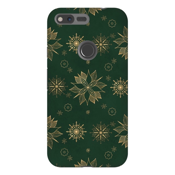 Pixel XL StrongFit Elegant Gold Green Poinsettias Snowflakes Winter Design by InovArts