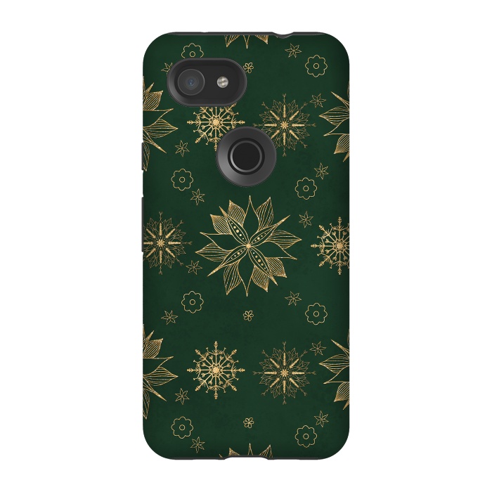 Pixel 3A StrongFit Elegant Gold Green Poinsettias Snowflakes Winter Design by InovArts