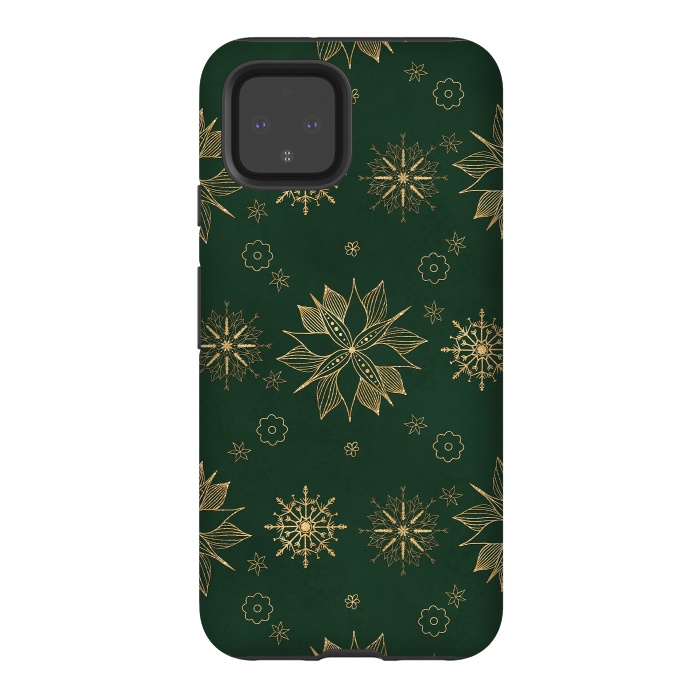 Pixel 4 StrongFit Elegant Gold Green Poinsettias Snowflakes Winter Design by InovArts