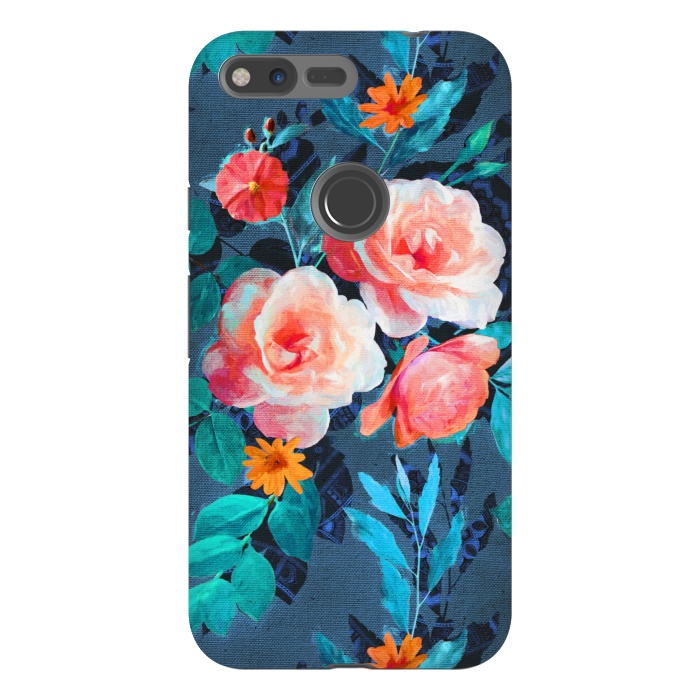 Pixel XL StrongFit Retro Rose Chintz in Radiant Coral on Blue by Micklyn Le Feuvre