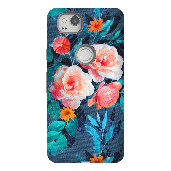 Pixel 2 StrongFit Retro Rose Chintz in Radiant Coral on Blue by Micklyn Le Feuvre