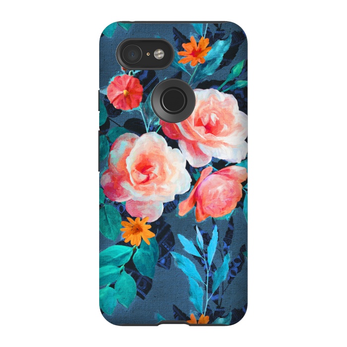 Pixel 3 StrongFit Retro Rose Chintz in Radiant Coral on Blue by Micklyn Le Feuvre