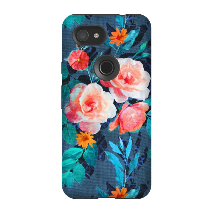 Pixel 3A StrongFit Retro Rose Chintz in Radiant Coral on Blue by Micklyn Le Feuvre