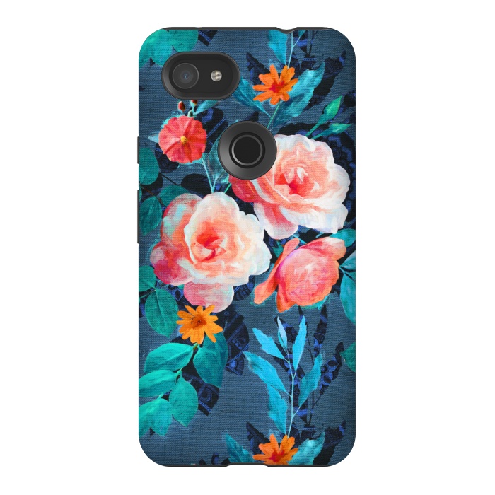 Pixel 3AXL StrongFit Retro Rose Chintz in Radiant Coral on Blue by Micklyn Le Feuvre