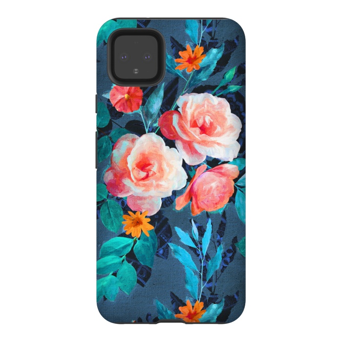 Pixel 4XL StrongFit Retro Rose Chintz in Radiant Coral on Blue by Micklyn Le Feuvre