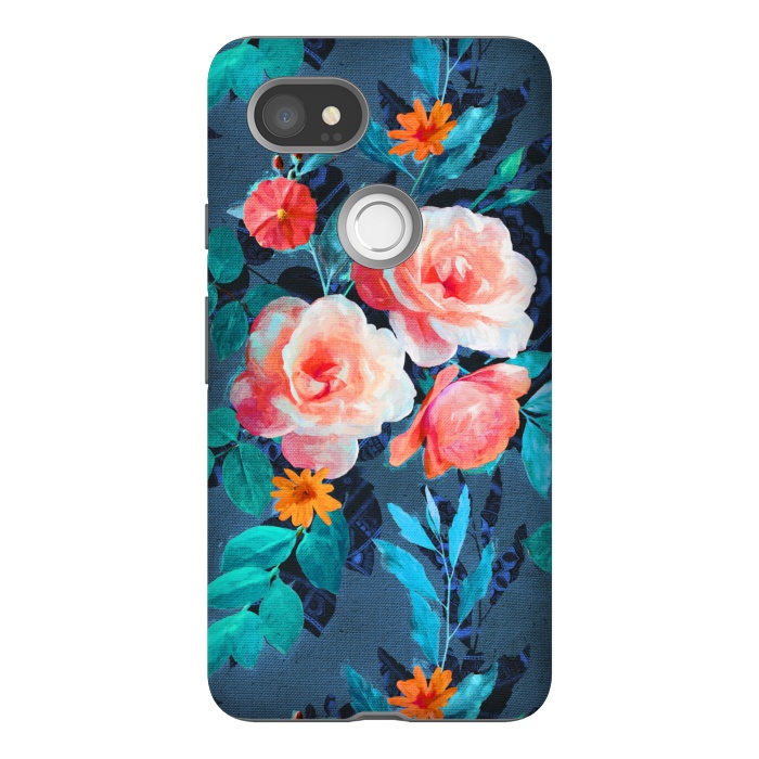Pixel 2XL StrongFit Retro Rose Chintz in Radiant Coral on Blue by Micklyn Le Feuvre