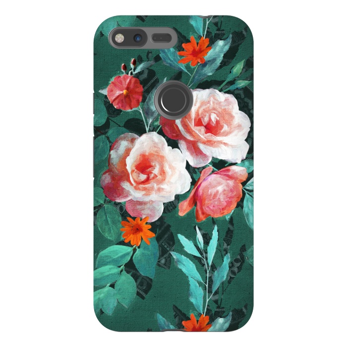 Pixel XL StrongFit Retro Rose Chintz in Melon Pink on Dark Emerald Green by Micklyn Le Feuvre