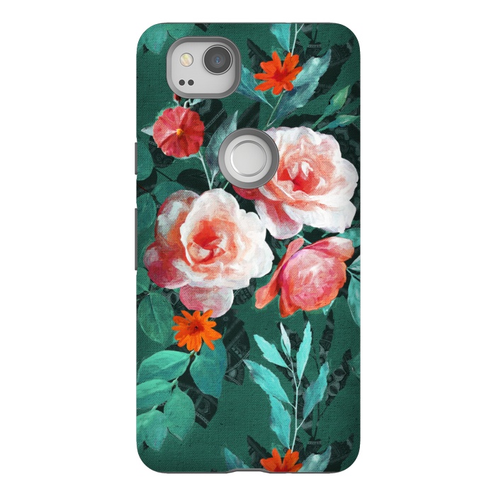Pixel 2 StrongFit Retro Rose Chintz in Melon Pink on Dark Emerald Green by Micklyn Le Feuvre