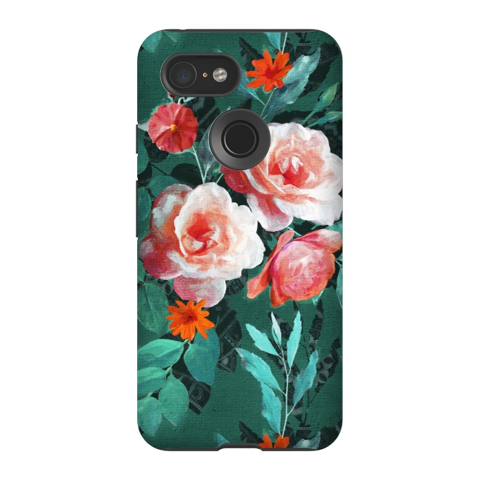 Pixel 3 StrongFit Retro Rose Chintz in Melon Pink on Dark Emerald Green by Micklyn Le Feuvre