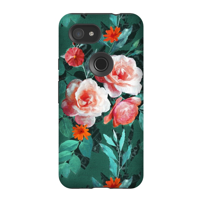 Pixel 3A StrongFit Retro Rose Chintz in Melon Pink on Dark Emerald Green by Micklyn Le Feuvre