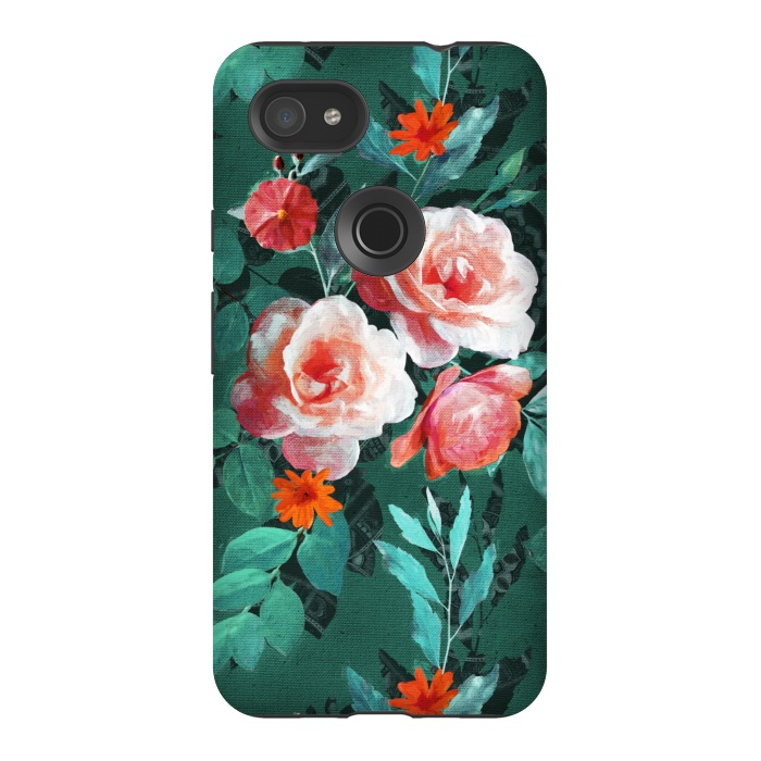 Pixel 3AXL StrongFit Retro Rose Chintz in Melon Pink on Dark Emerald Green by Micklyn Le Feuvre