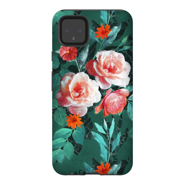 Pixel 4XL StrongFit Retro Rose Chintz in Melon Pink on Dark Emerald Green by Micklyn Le Feuvre