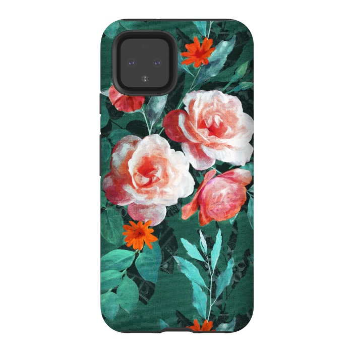Pixel 4 StrongFit Retro Rose Chintz in Melon Pink on Dark Emerald Green by Micklyn Le Feuvre