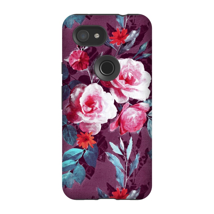 Pixel 3A StrongFit Retro Rose Chintz in Magenta and Plum by Micklyn Le Feuvre