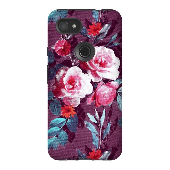 Pixel 3AXL StrongFit Retro Rose Chintz in Magenta and Plum by Micklyn Le Feuvre