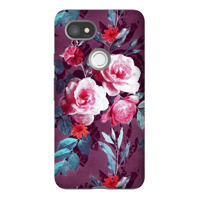 Pixel 2XL StrongFit Retro Rose Chintz in Magenta and Plum by Micklyn Le Feuvre