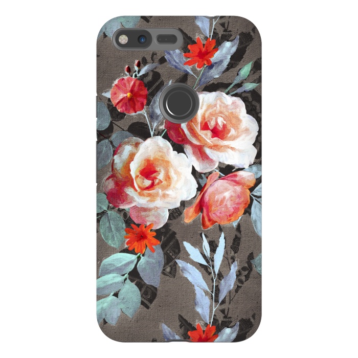 Pixel XL StrongFit Retro Rose Chintz in Scarlet, Peach, Sage and Grey by Micklyn Le Feuvre