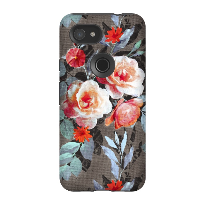 Pixel 3A StrongFit Retro Rose Chintz in Scarlet, Peach, Sage and Grey by Micklyn Le Feuvre