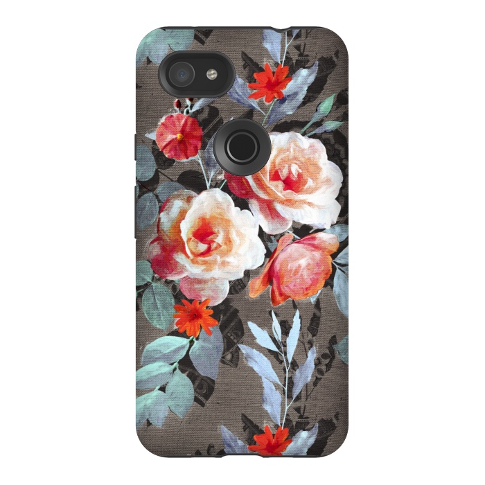 Pixel 3AXL StrongFit Retro Rose Chintz in Scarlet, Peach, Sage and Grey by Micklyn Le Feuvre