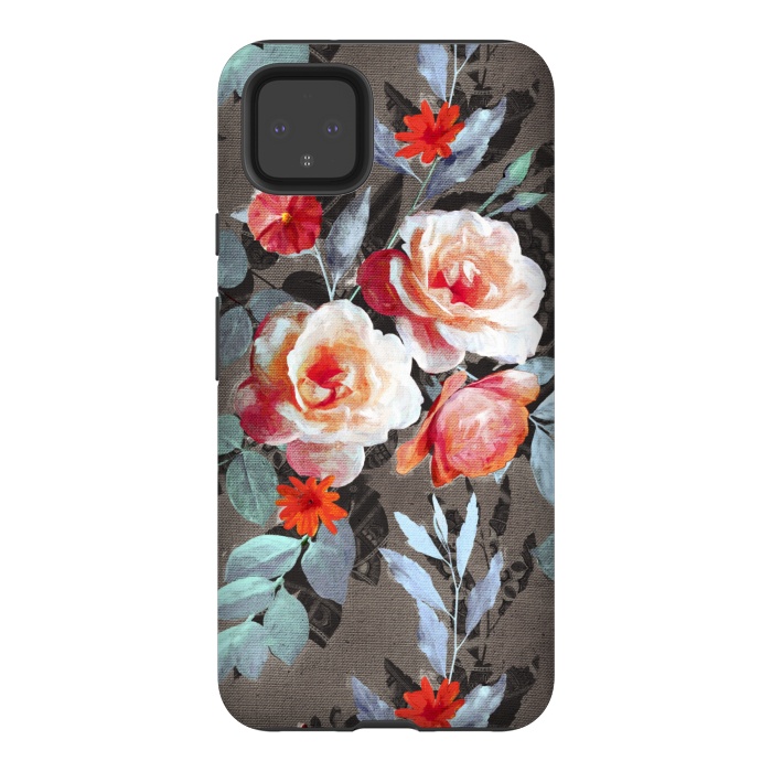 Pixel 4XL StrongFit Retro Rose Chintz in Scarlet, Peach, Sage and Grey by Micklyn Le Feuvre