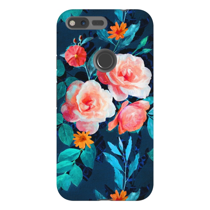 Pixel XL StrongFit Retro Rose Chintz in Bright Coral and Peach on Indigo Blue by Micklyn Le Feuvre