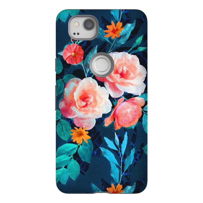 Pixel 2 StrongFit Retro Rose Chintz in Bright Coral and Peach on Indigo Blue by Micklyn Le Feuvre