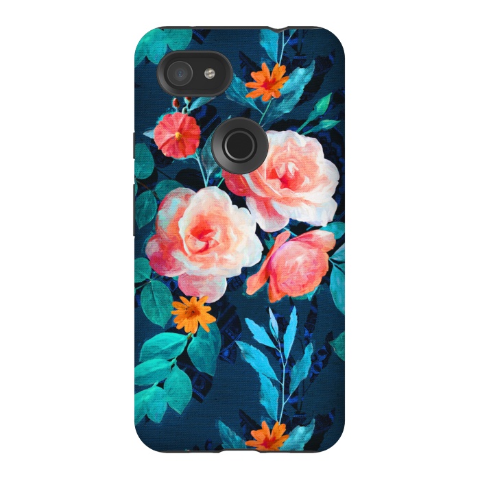 Pixel 3AXL StrongFit Retro Rose Chintz in Bright Coral and Peach on Indigo Blue by Micklyn Le Feuvre