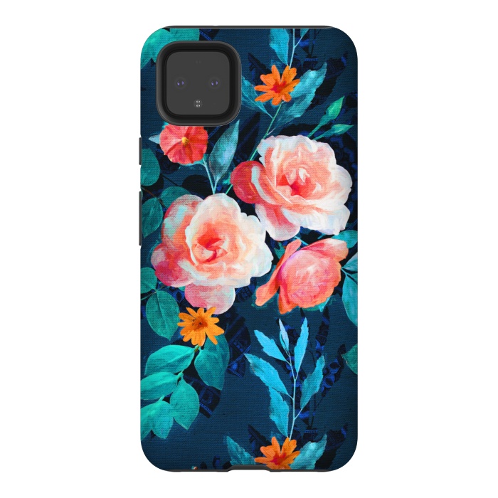 Pixel 4XL StrongFit Retro Rose Chintz in Bright Coral and Peach on Indigo Blue by Micklyn Le Feuvre