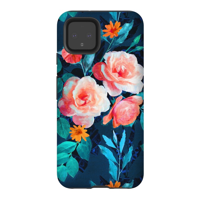 Pixel 4 StrongFit Retro Rose Chintz in Bright Coral and Peach on Indigo Blue by Micklyn Le Feuvre