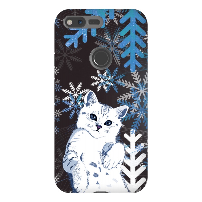 Pixel XL StrongFit Cute kitty with blue metallic snowflakes by Oana 