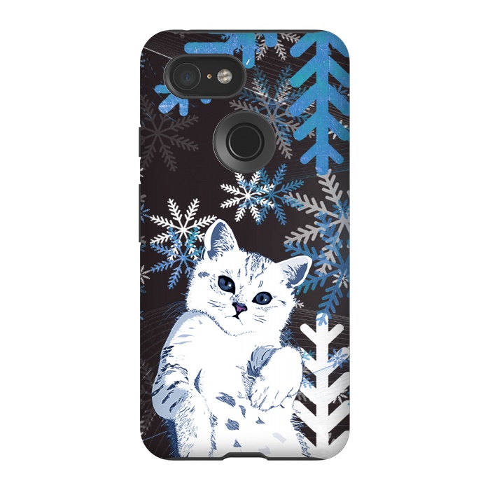 Pixel 3 StrongFit Cute kitty with blue metallic snowflakes by Oana 
