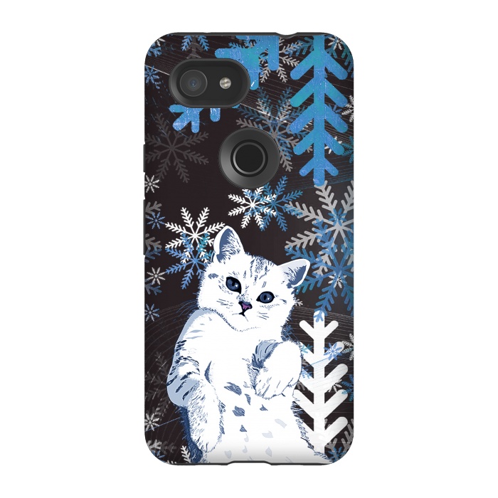 Pixel 3A StrongFit Cute kitty with blue metallic snowflakes by Oana 