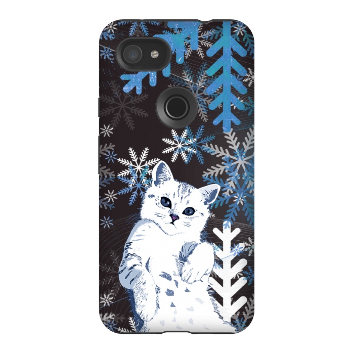 Pixel 3AXL StrongFit Cute kitty with blue metallic snowflakes by Oana 