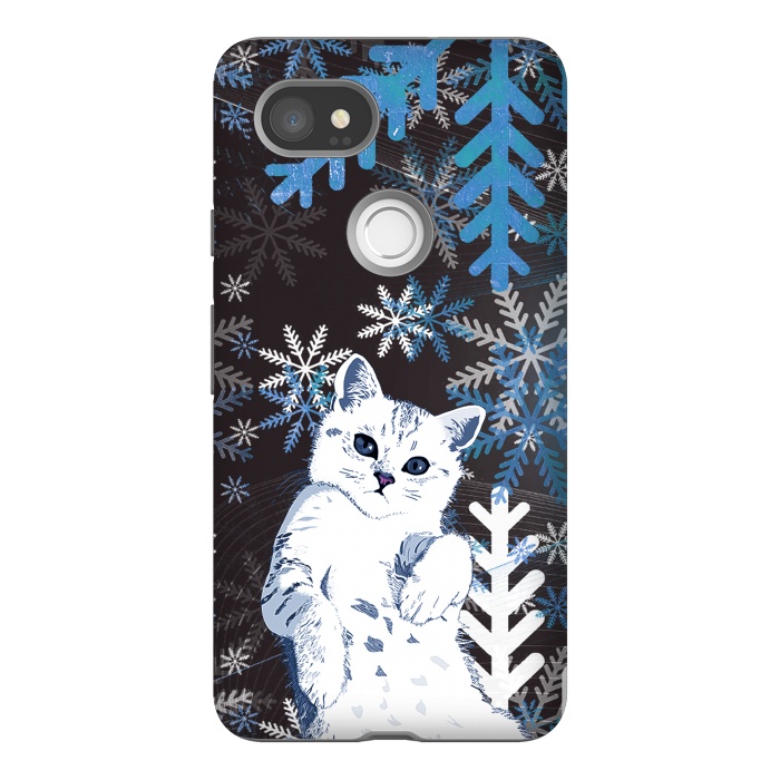 Pixel 2XL StrongFit Cute kitty with blue metallic snowflakes by Oana 