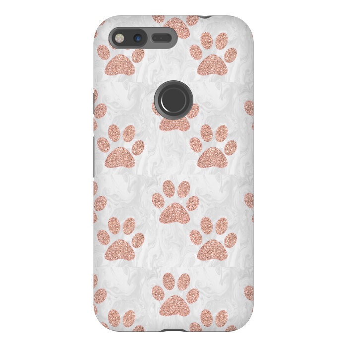 Pixel XL StrongFit Rose Gold Paw Prints on Marble by Julie Erin Designs